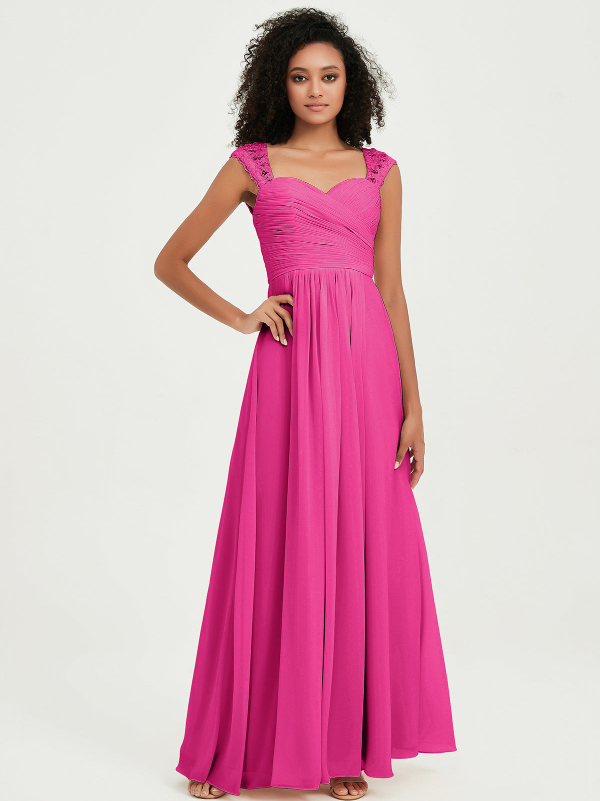 Chiffon Bridesmaid Dresses with Lace Cap Sleeves Fuchsia